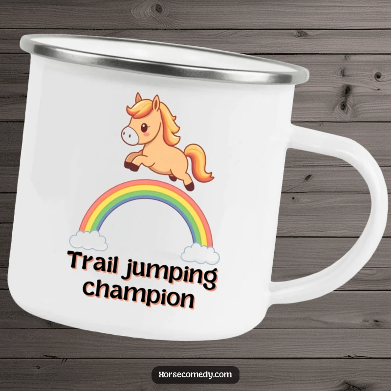 Funny horse camping mug, cute character leaping over a miniature rainbow, for cheerful and optimistic outdoor experiences.