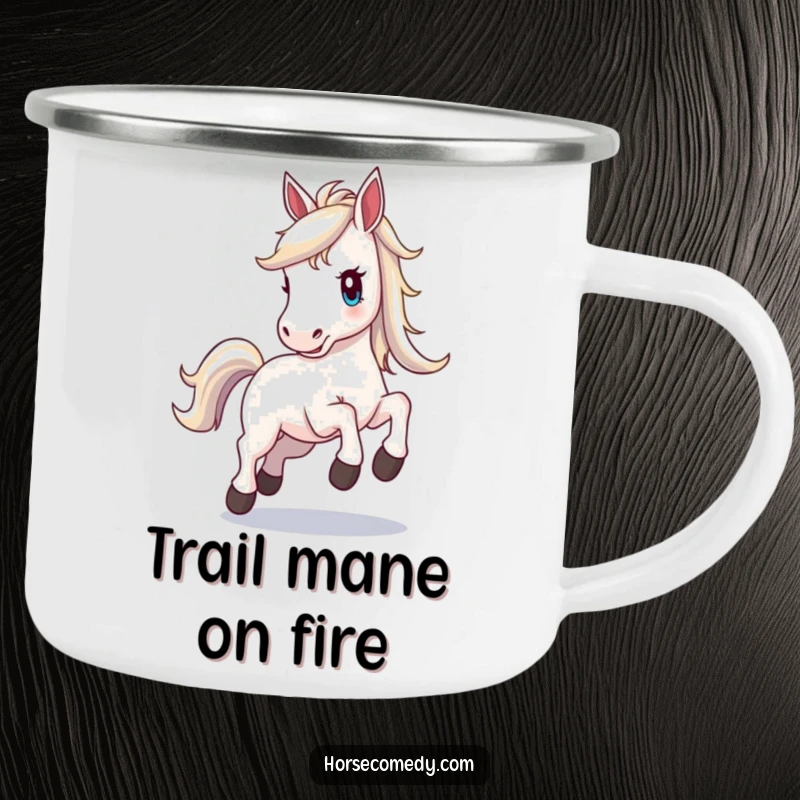 Funny horse camping mug, horse with a brilliant shimmering mane, prancing with excitement, for radiant and spirited outdoor experiences.