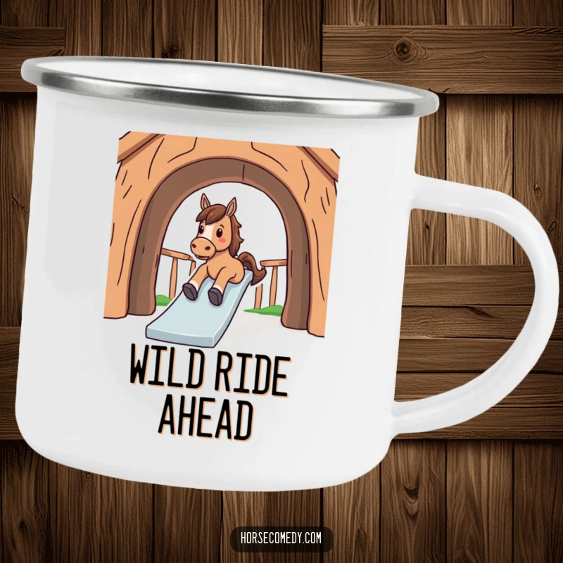 Funny camping mug with a horse happily sliding down a large, arched structure, ready for the next adventure.