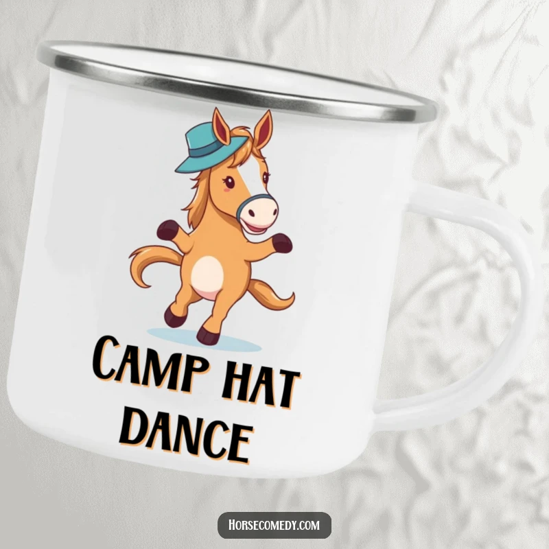 Funny horse character elegantly waltzing with a hat on its nose on a rugged camping mug, for sophisticated outdoor humor.