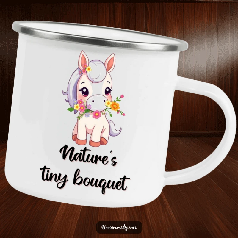 Funny camping mug showcasing a tiny horse animal carrying a bouquet of flowers in its mouth, ideal for outdoor enthusiasts.
