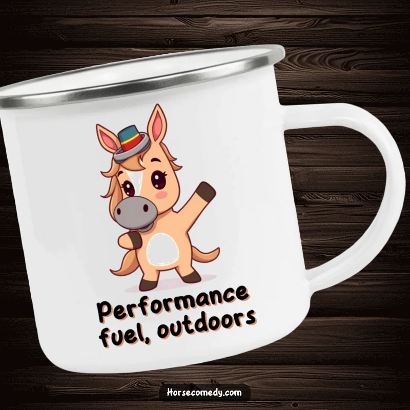 Funny Camping Mug: A cute horse in a tiny top hat strikes a theatrical pose, ready for outdoor adventures.
