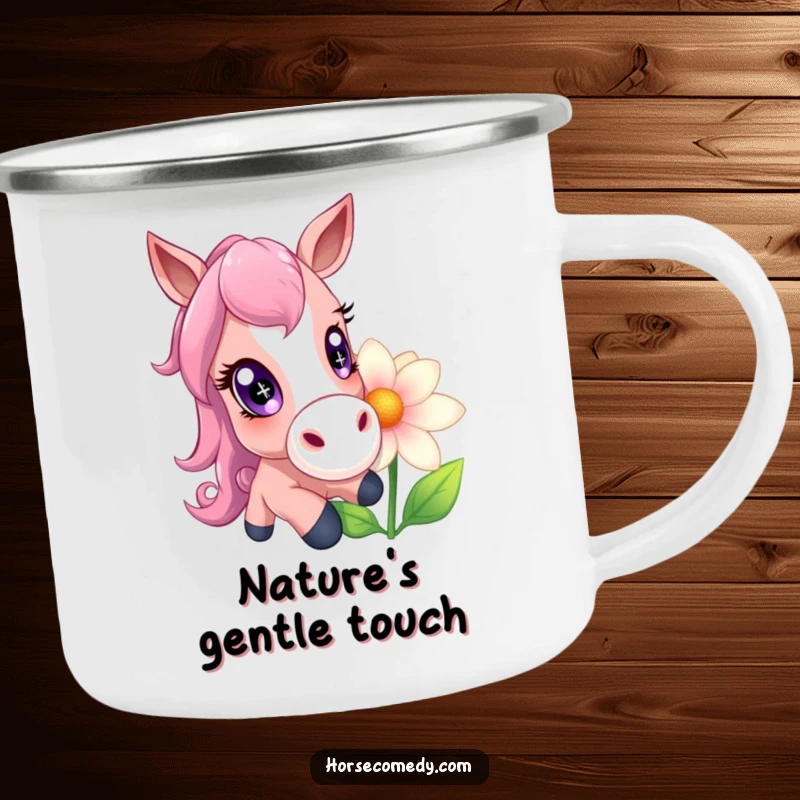 Funny horse with huge, sparkling eyes gently nudging a giant flower, a humorous and durable camping mug.