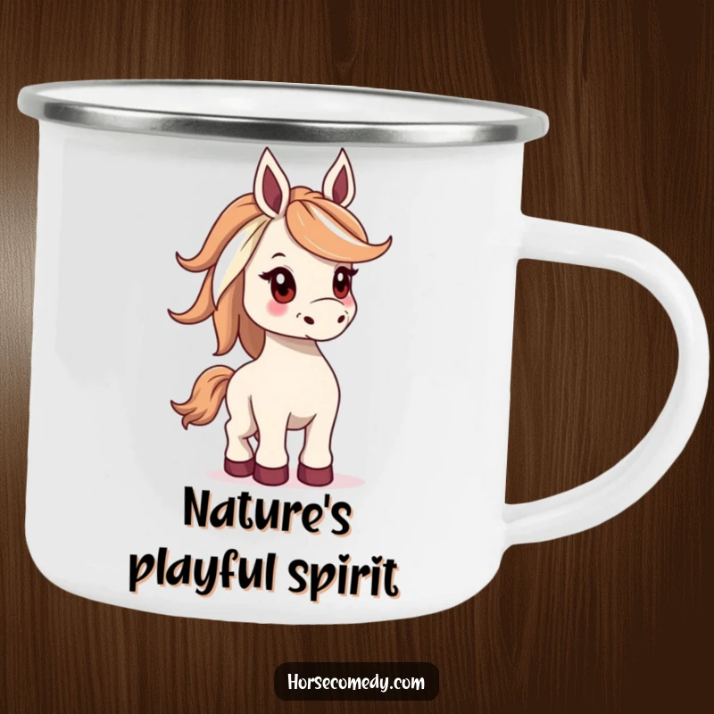 Funny camping mug depicting a horse with a wide mane, playfully bucking, designed for outdoor enthusiasts seeking fun.
