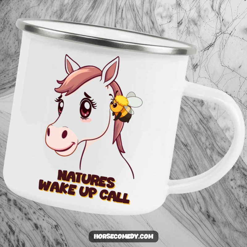 Funny Horse Camping Mug: A horse with a surprised look is playfully nudged by a friendly bumblebee, ideal for outdoor humor.