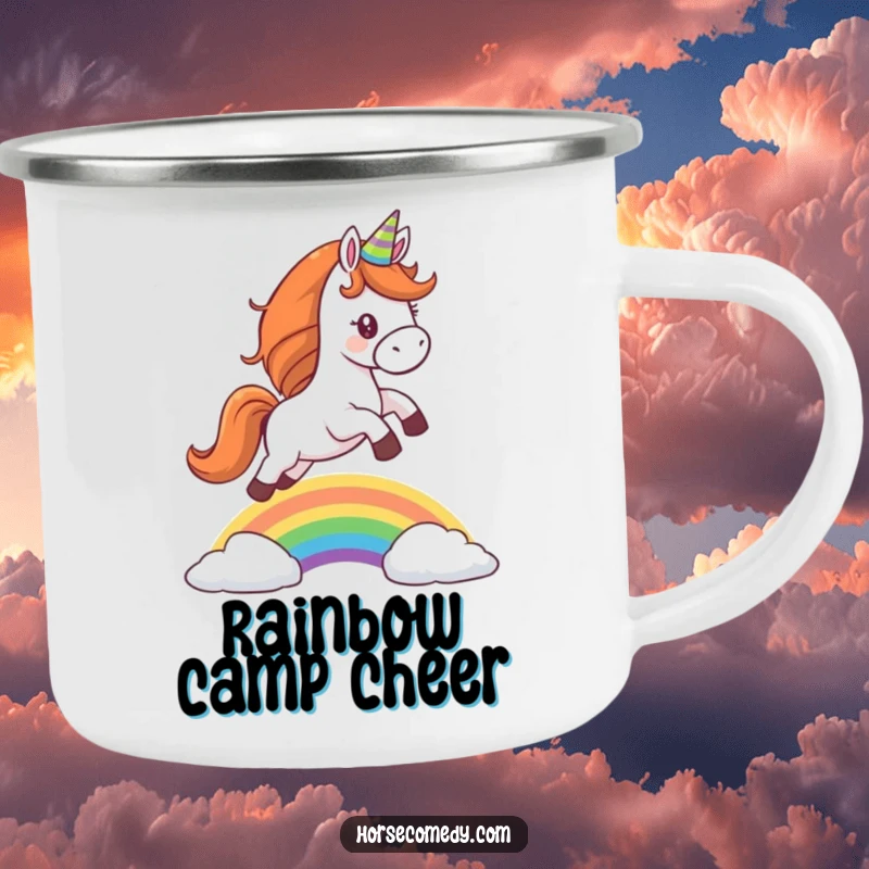 Funny camping mug featuring a horse wearing a party hat, leaping over a rainbow, perfect for magical outdoor drinks.