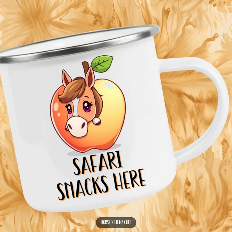 Funny horse character peeking from behind a giant, sparkling apple with a curious gaze on a camping mug, ready for whimsical exploration.