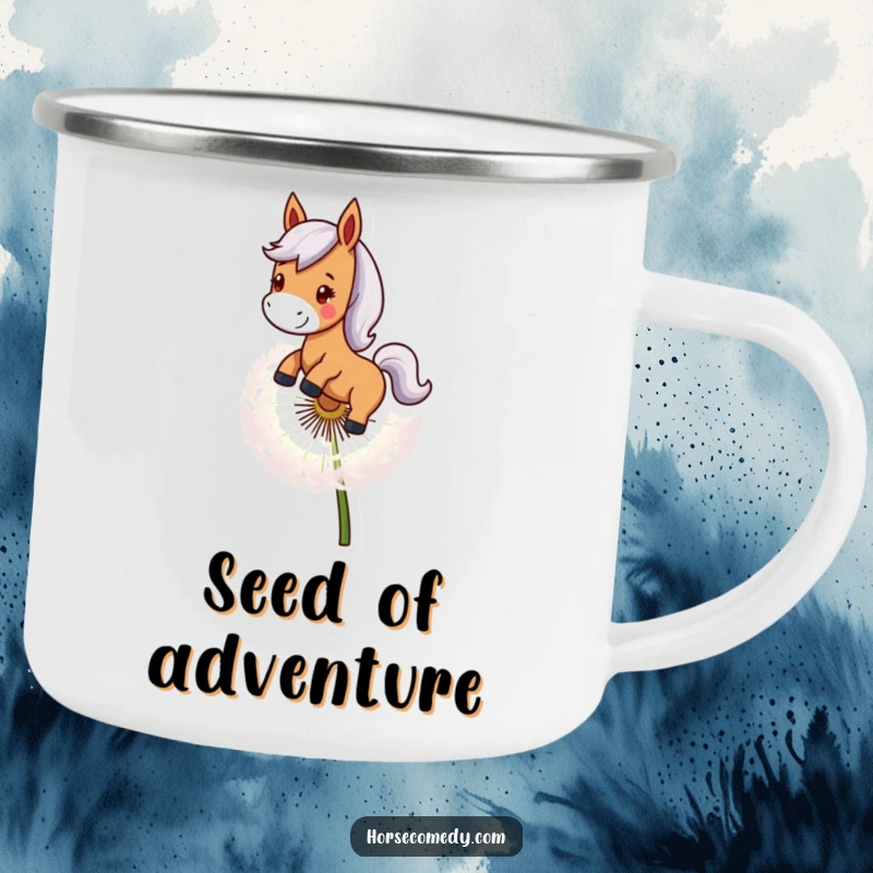 Funny Horse Camping Mug: A smiling horse character rides a giant dandelion seed, ideal for whimsical outdoor adventures.