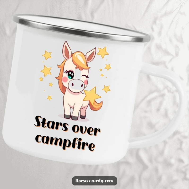 Funny horse camping mug depicting a mischievous horse character winking while juggling oversized, bright stars, ideal for cosmic camping.