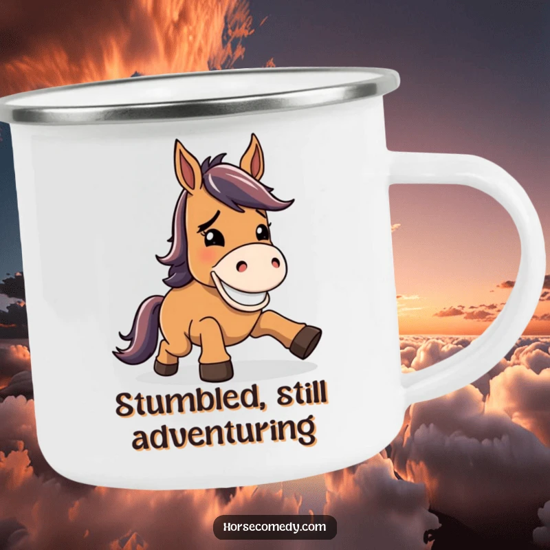 Funny horse camping mug, character stumbling slightly, then grinning goofily, for resilient and amusing outdoor experiences.