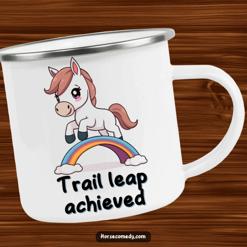 Funny Horse Camping Mug depicting a determined horse character leaping over a small rainbow bridge, ready for adventure.