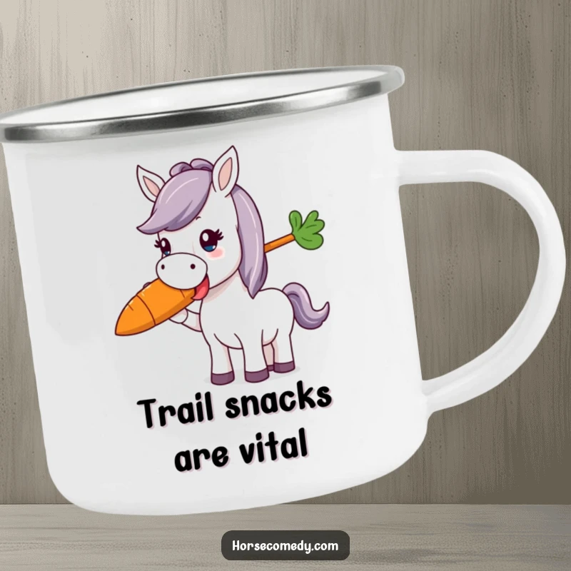 Funny horse character joyfully munching a giant, colorful carrot on a rugged camping mug, for delightful outdoor humor.