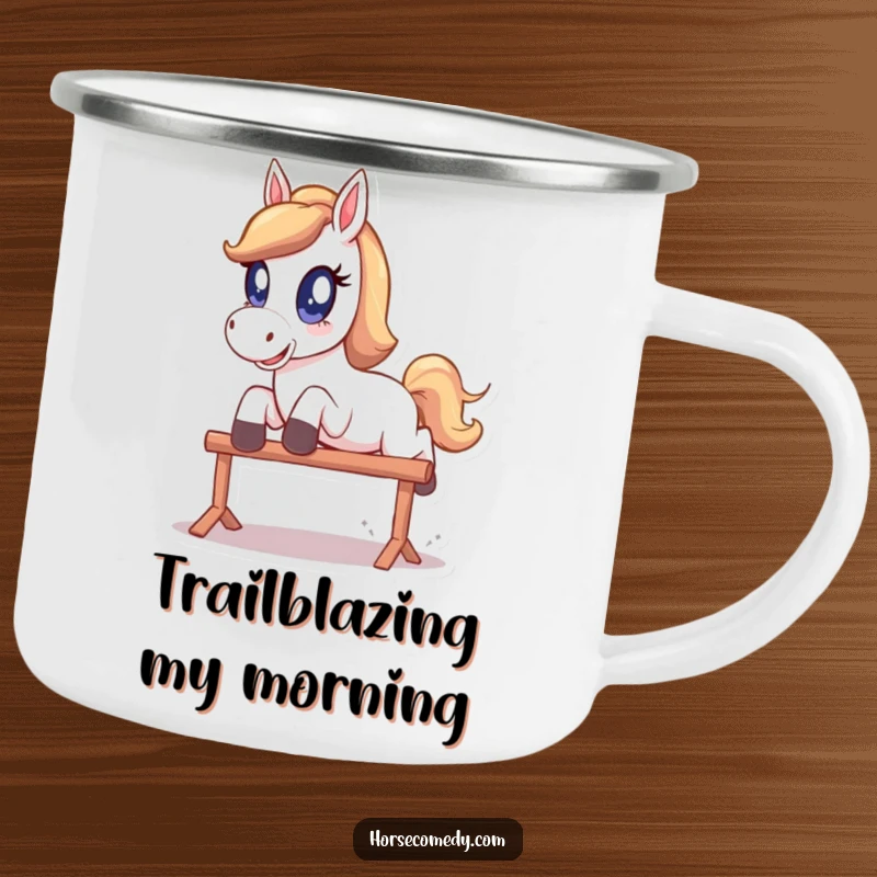 Funny Camping Mug: A horse with huge, sparkling eyes playfully leaps over a hurdle, perfect for camping.