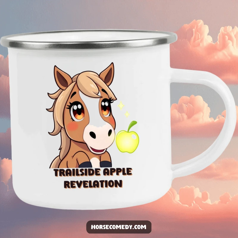 Funny camping mug featuring a horse with wide, amazed eyes staring at a glowing magical apple, for outdoor use.
