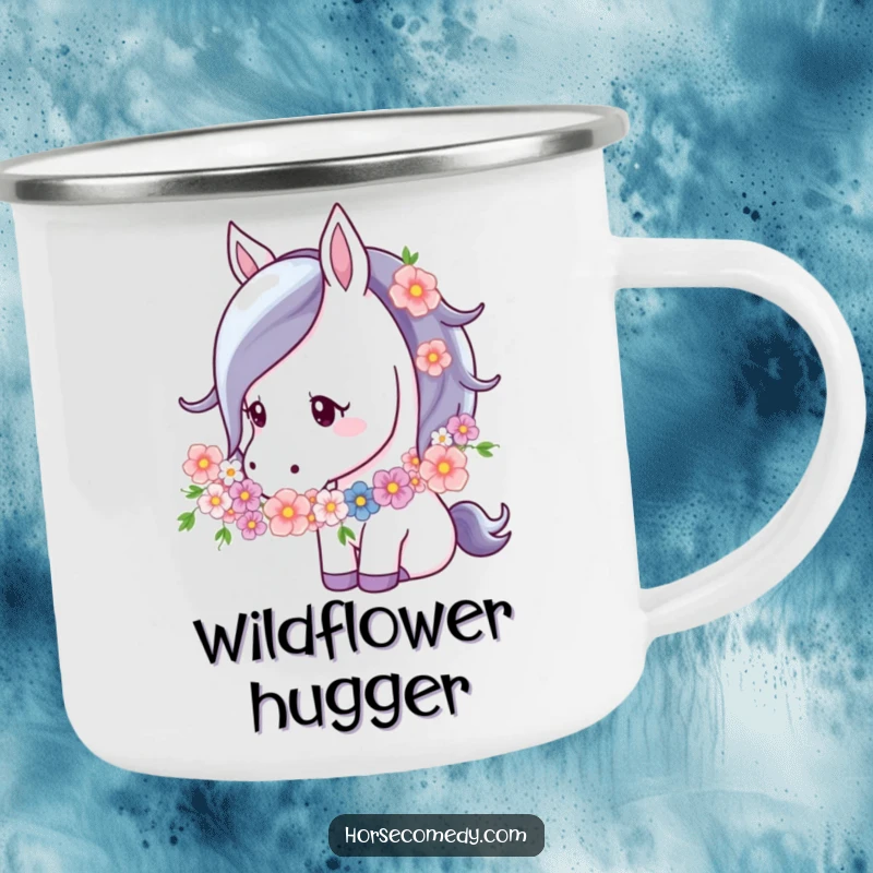 Funny Horse Flower Garland Camping Mug showing a horse nuzzling a flower garland, perfect for enjoying drinks outdoors with a touch of natural elegance.