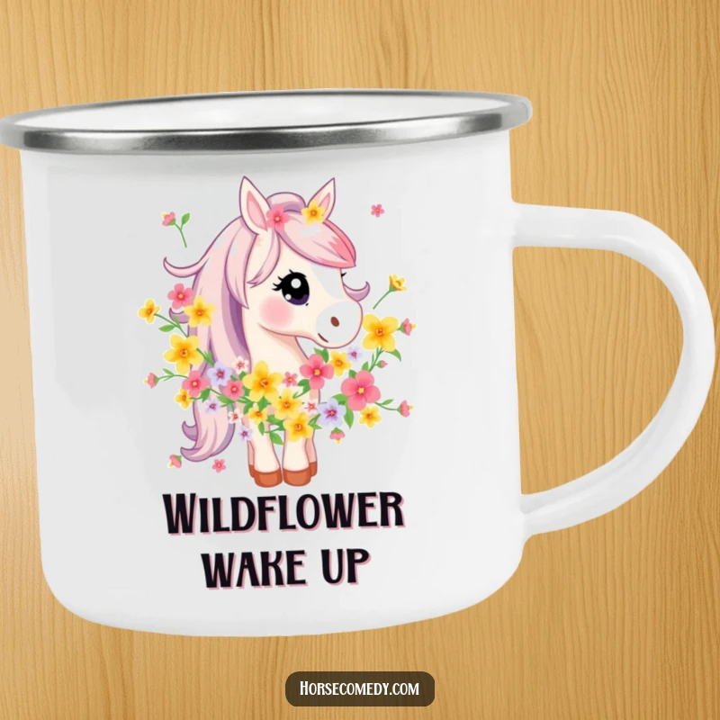 Funny Horse Camping Mug: A horse character playfully tangled in a bright floral garland, ideal for outdoor whimsical fun.