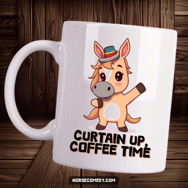 Funny Mug: A cute horse in a tiny top hat strikes a theatrical pose, ready for the spotlight.