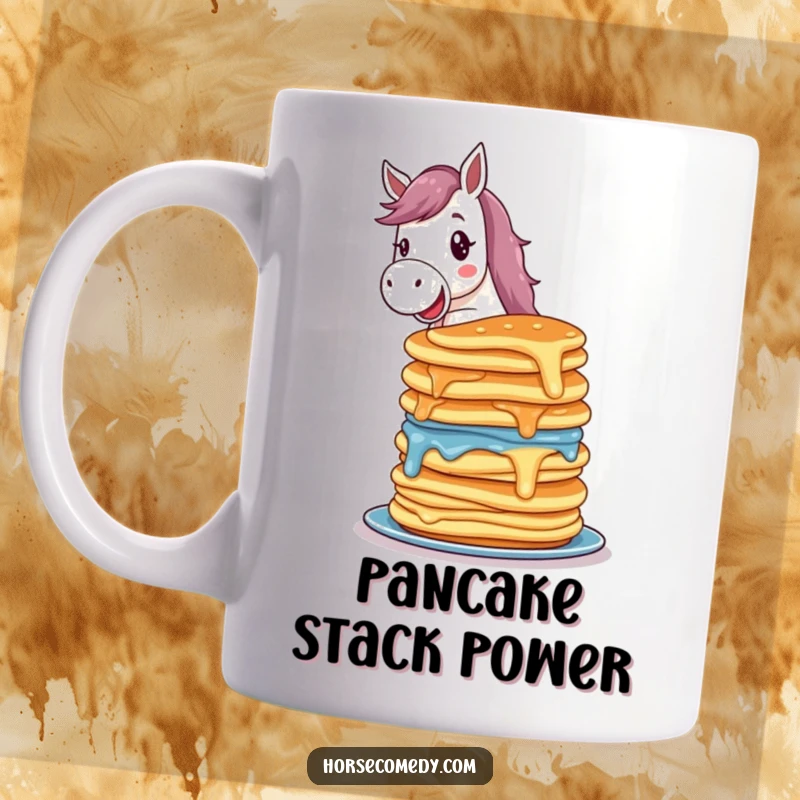 Funny horse mug with a delighted horse character balancing a tall, colorful stack of wobbling pancakes, showing impressive focus.