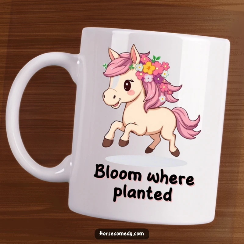 Funny mug showcasing a horse with a flowing mane made of vibrant flowers, joyfully galloping with grace.