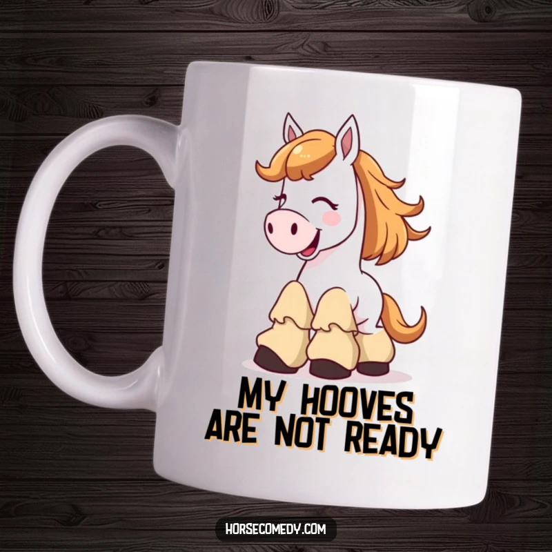 Funny Mug featuring a cartoon horse character giggling uncontrollably while struggling to walk in enormous, floppy boots.