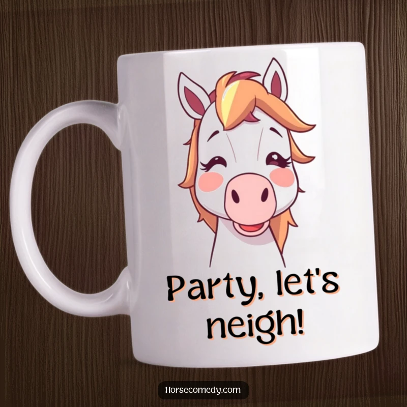 Funny horse character with cartoon blush, joyfully blowing a noisemaker, ready for a celebration, perfect funny mug gift.