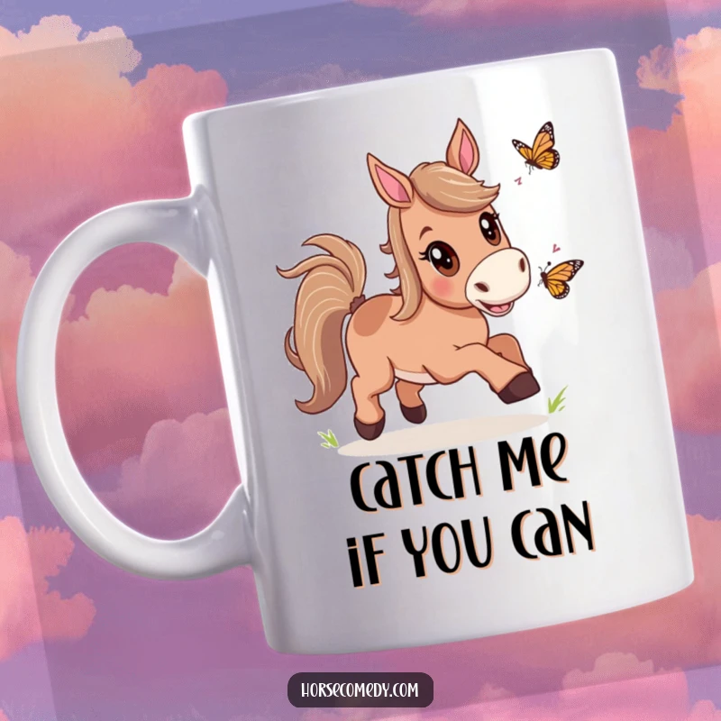 Funny Horse Butterfly Chase Mug showing a horse with wide, excited eyes playfully pursuing a colorful butterfly, capturing a moment of pure joy.