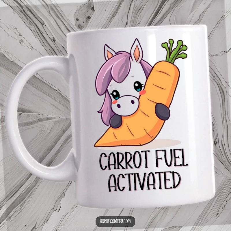 Funny horse mug, with a horse character peeking over a massive, smiling carrot held upright. Humorous and adorable.