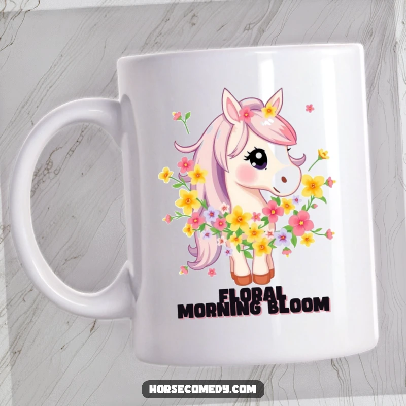 Funny Horse Flower Mug: A whimsical horse character is playfully tangled in a vibrant garland of bright flowers, looking charming.