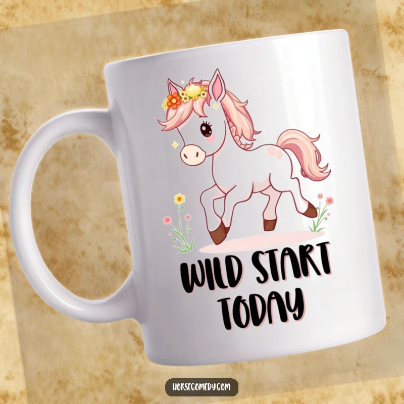 Funny Horse Foal Mug showing a happy young horse prancing joyfully, its mane adorned with colorful wildflowers.