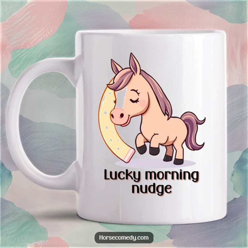 Funny mug showing a playful horse character nudging a giant, glowing horseshoe with its nose, radiating luck and whimsical humor.