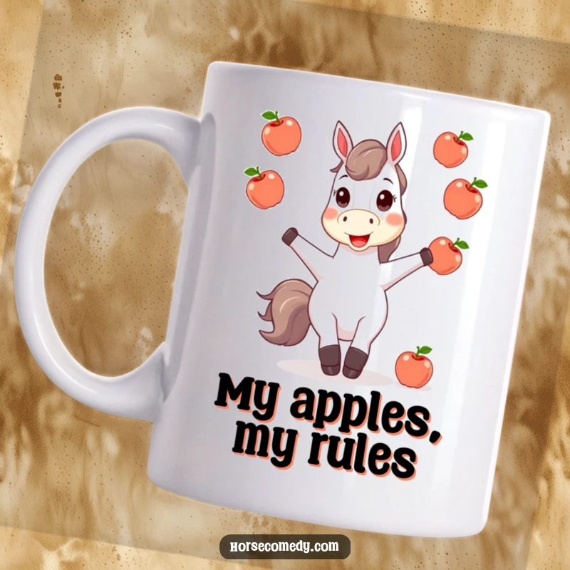 Funny horse character happily juggling shiny apples, depicted on a mug, showcasing its playful and energetic personality.