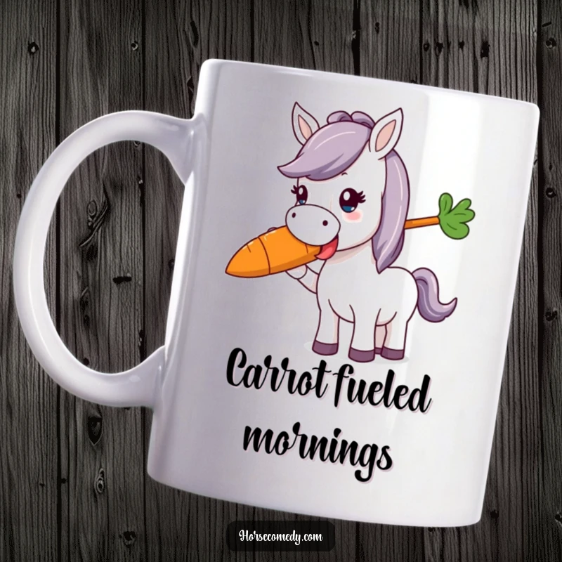 Funny horse character happily munching on a giant, colorful carrot with pure delight, depicted on a mug, perfect for a funny gift.