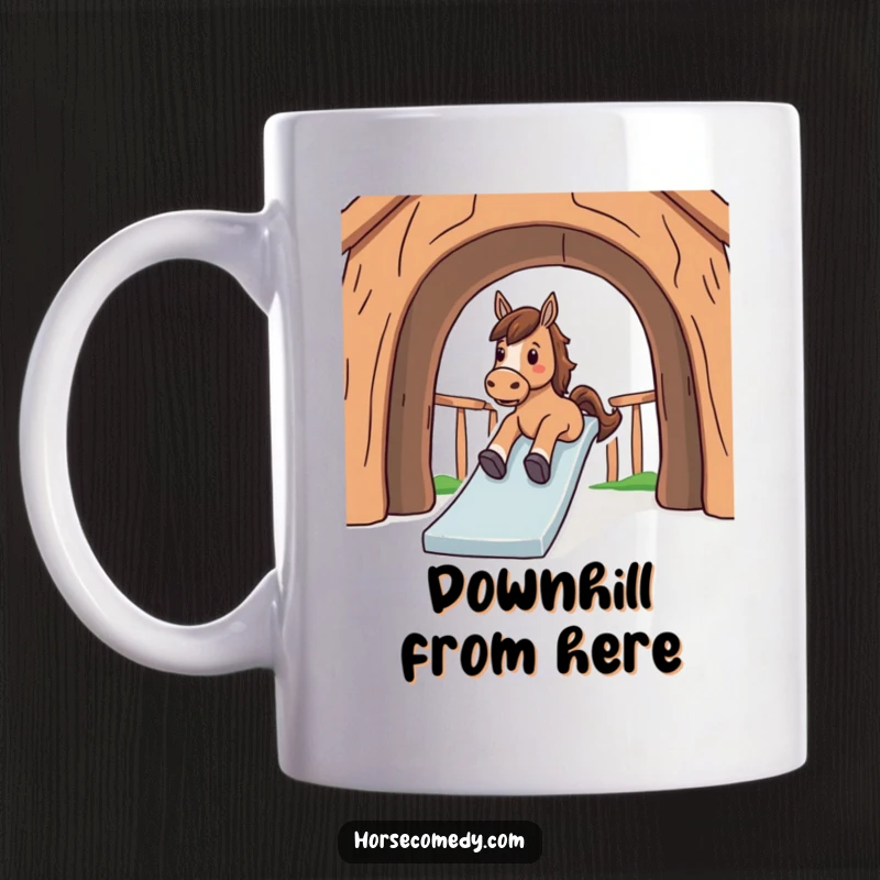 Funny mug featuring a cartoon horse gleefully sliding down a large, curved structure with a look of pure joy.