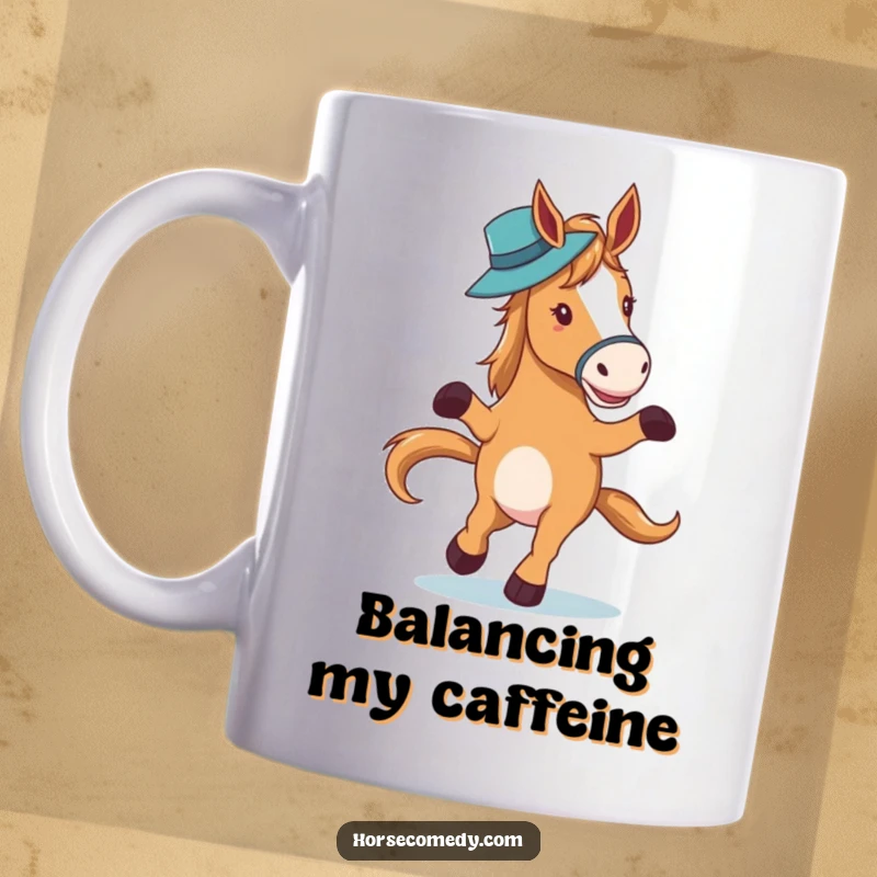 Funny horse character elegantly waltzing while balancing a hat on its nose on a mug, creating sophisticated humor, a great funny gift.
