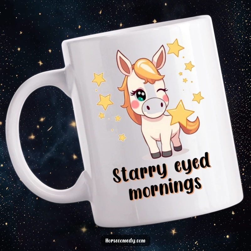 Funny horse mug with a mischievous horse character winking while juggling oversized, bright stars, radiating playful cosmic energy.