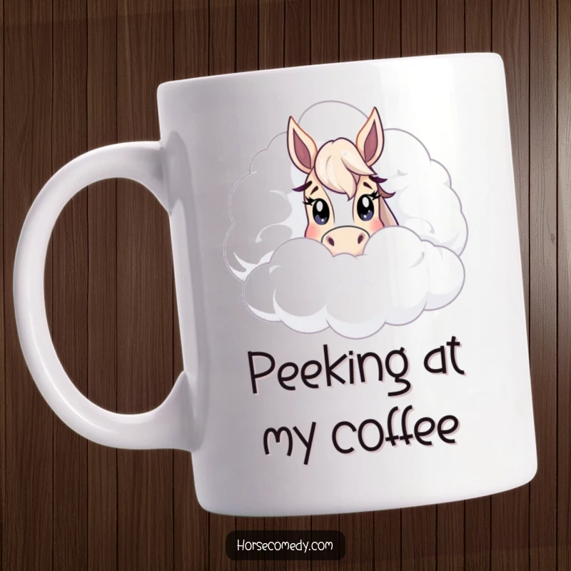 Funny peeking horse mug, with wide eyes emerging from behind a colossal fluffy cloud, embodying curiosity and playful innocence.