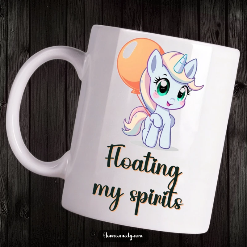 Funny pony mug with wide, curious eyes, precariously balancing a large, colorful balloon.