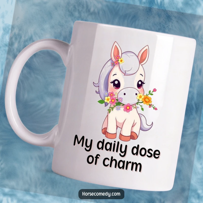 Funny mug with a tiny horse animal holding a colorful bouquet of flowers in its mouth, looking sweet and a little mischievous.