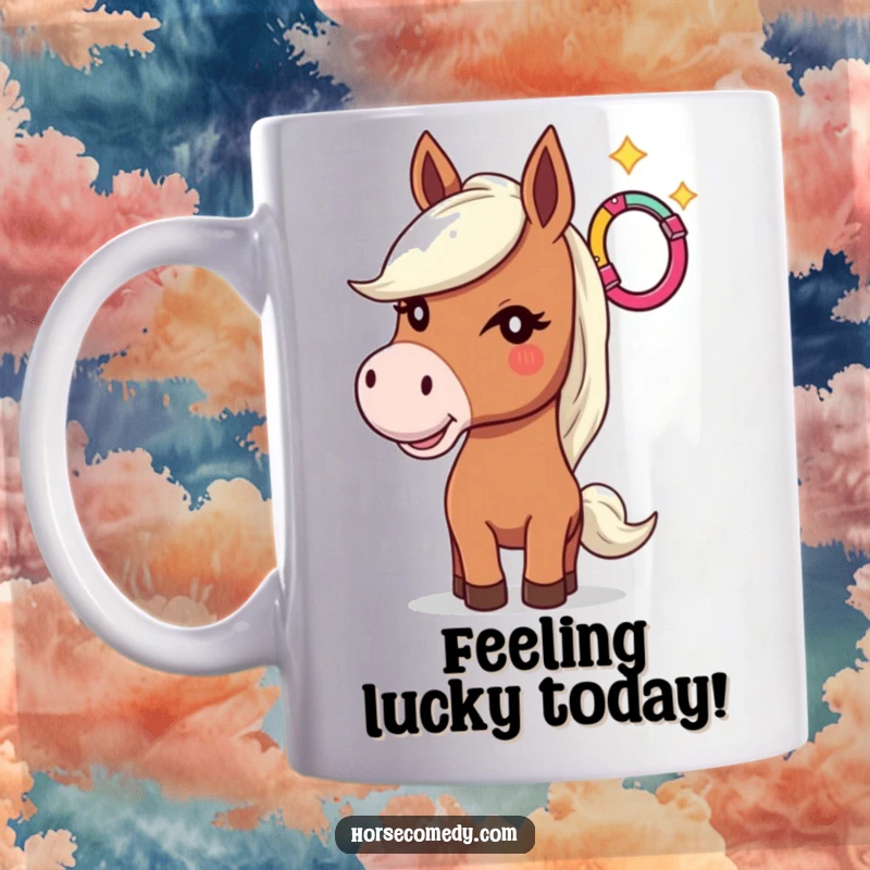 Funny mug illustrating a horse winking playfully while tossing a colorful horseshoe high in the air, great for drinkers.