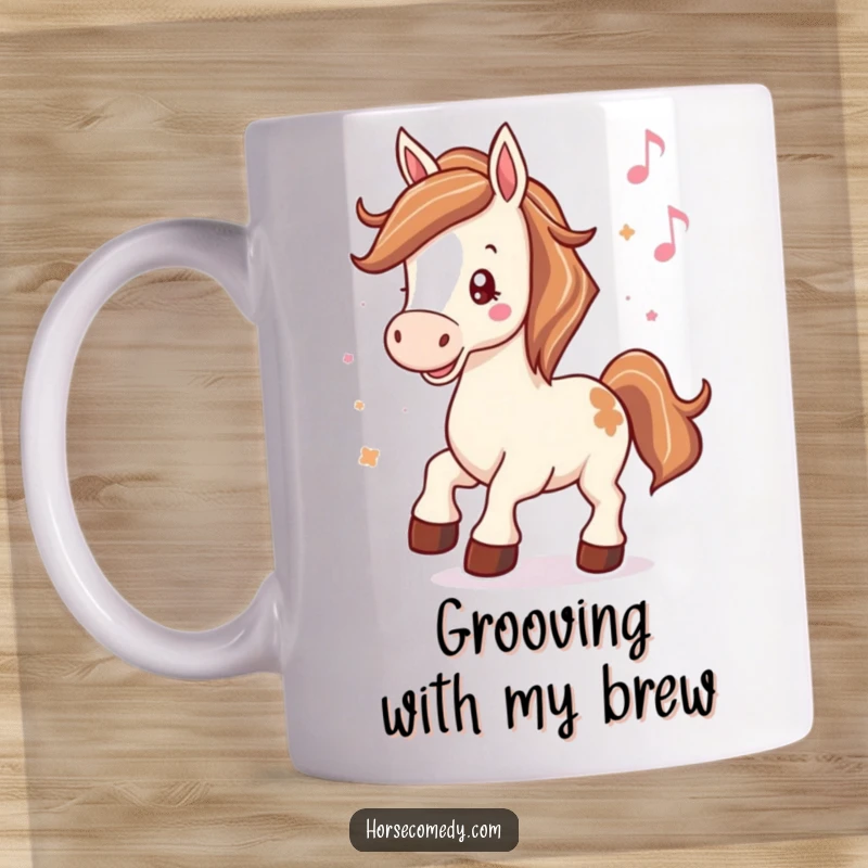 Funny mug illustrating a horse with a cheerful neigh, hooves tapping rhythmically to invisible music, perfect for coffee drinkers.