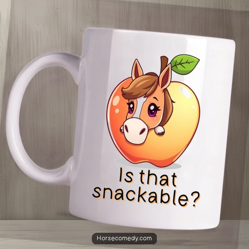 Funny horse character peeking from behind a giant, sparkling apple with a curious gaze on a mug, inviting playful discovery.
