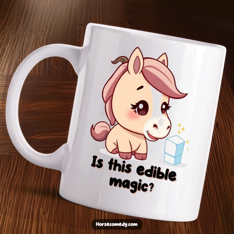 Funny horse mug with a curious head tilt, examining a shiny sugar cube, perfect for horse lovers and funny gift seekers.