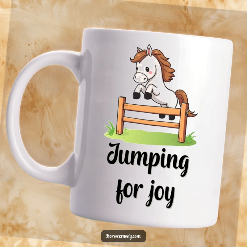 Funny horse character dramatically leaping over a small, colorful fence on a mug, showcasing energetic and comical athleticism.