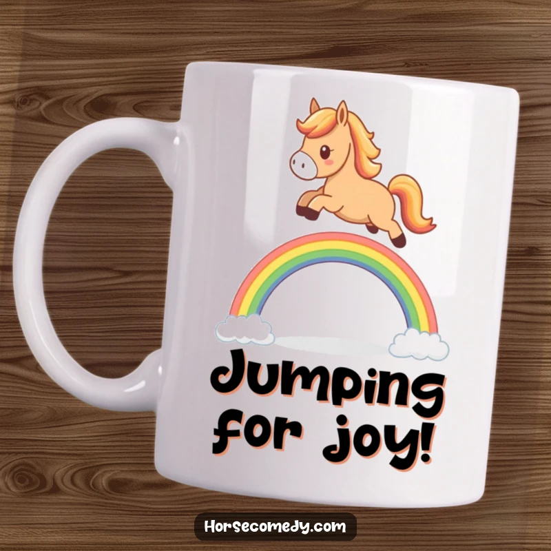 Funny horse mug, cute character leaping over a tiny bright rainbow arch, full of joy and playful energy.