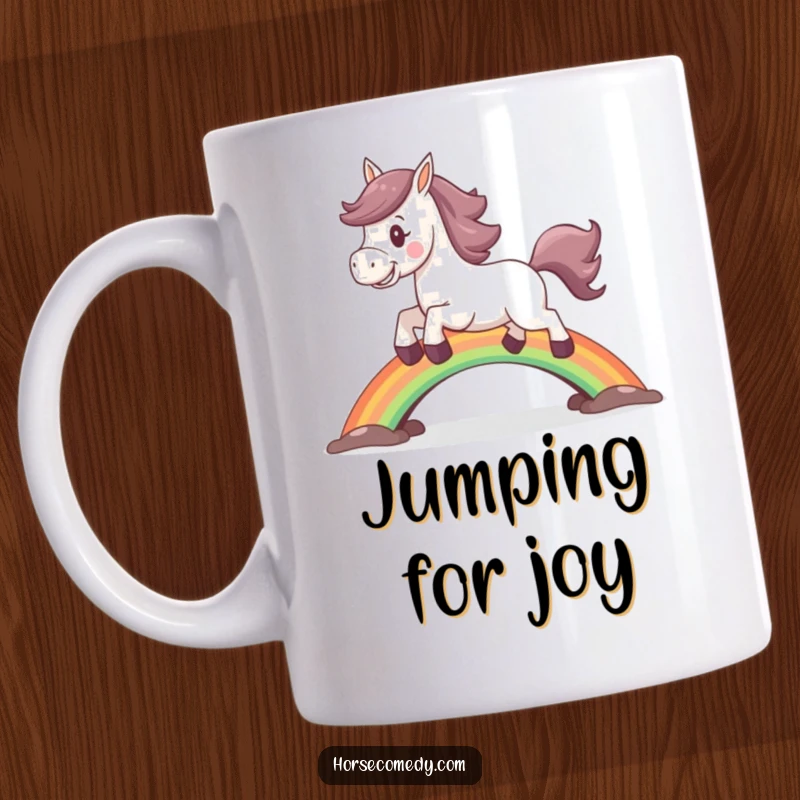 Funny horse mug with a joyful expression, leaping triumphantly over a vibrant rainbow bridge.