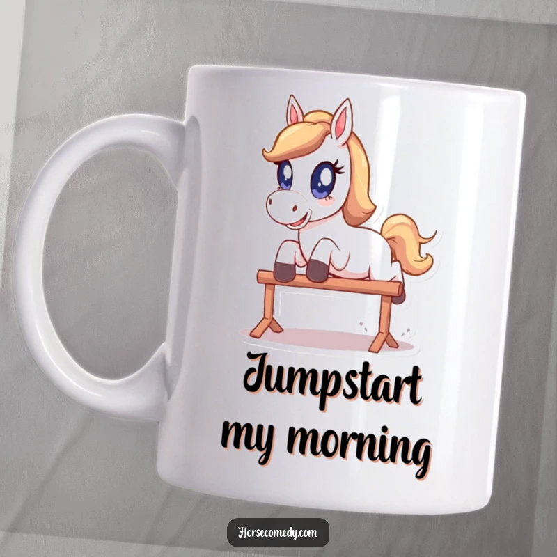 Funny Mug: A horse with huge, sparkling eyes playfully leaps with joy over a tiny hurdle.