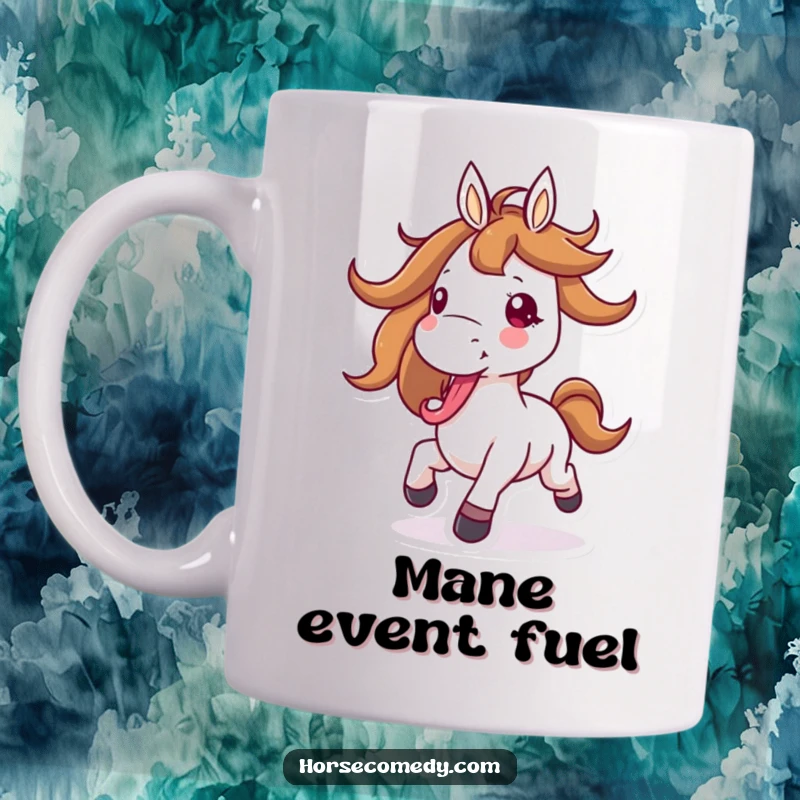 Funny horse mug with a horse character galloping joyfully with its mane flying and tongue out, radiating pure energy.