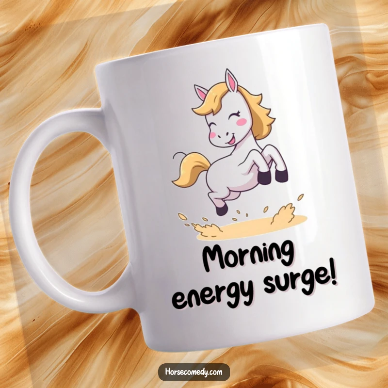 Funny mug depicting a horse joyfully leaping and kicking up dust, radiating pure happiness and energy.