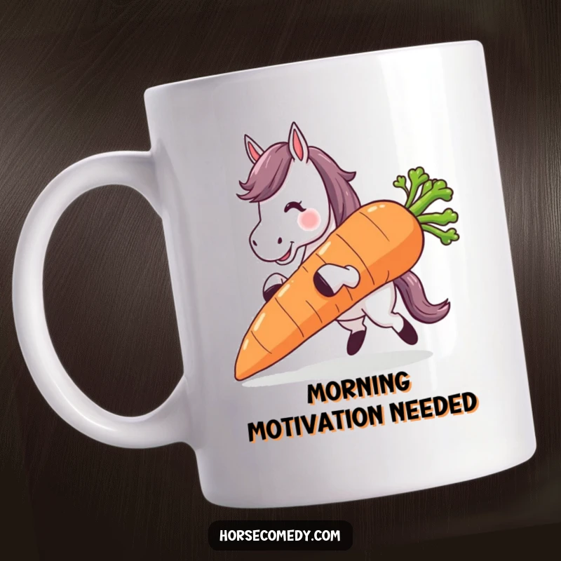 Funny horse character stumbling while carrying a massive carrot, showing a comical moment of mishap.