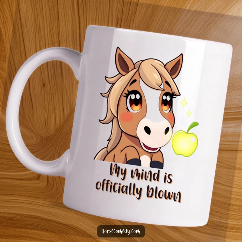 Funny mug featuring a horse with wide, amazed eyes staring at a glowing magical apple, capturing pure astonishment.